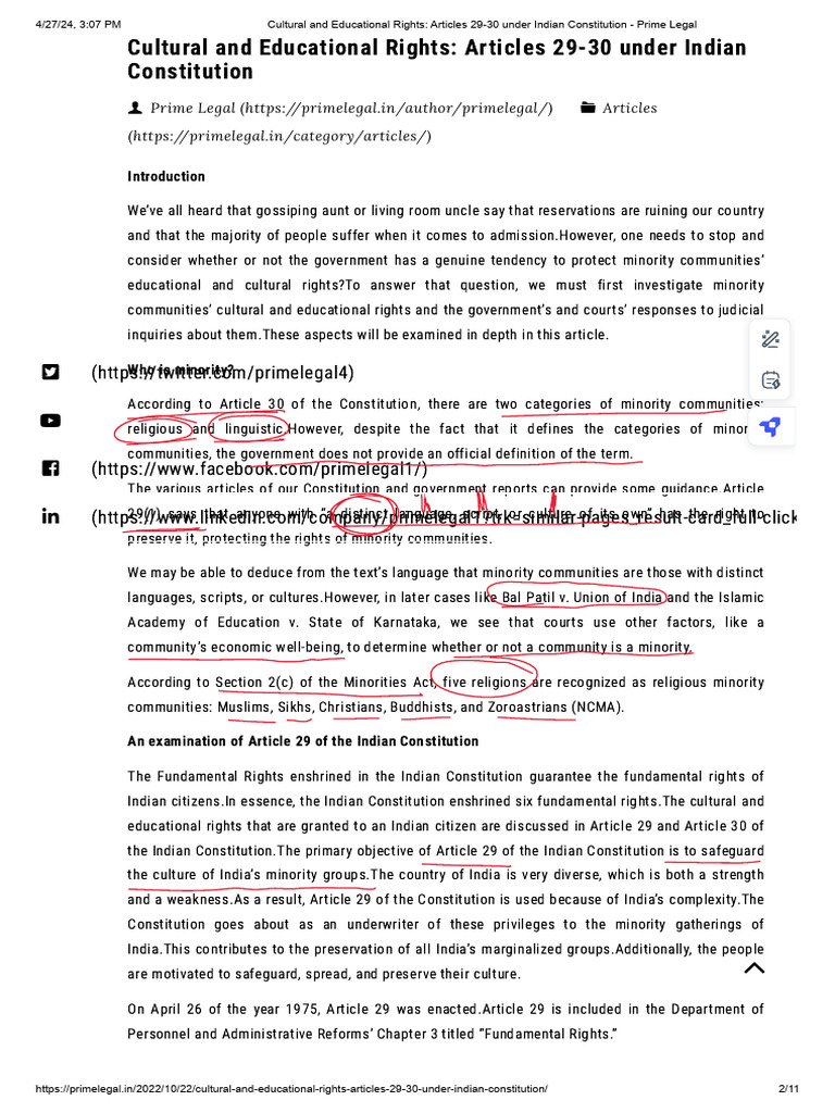 Cultural Rights in Indian Constitution | PDF | Auroville | Minority Group