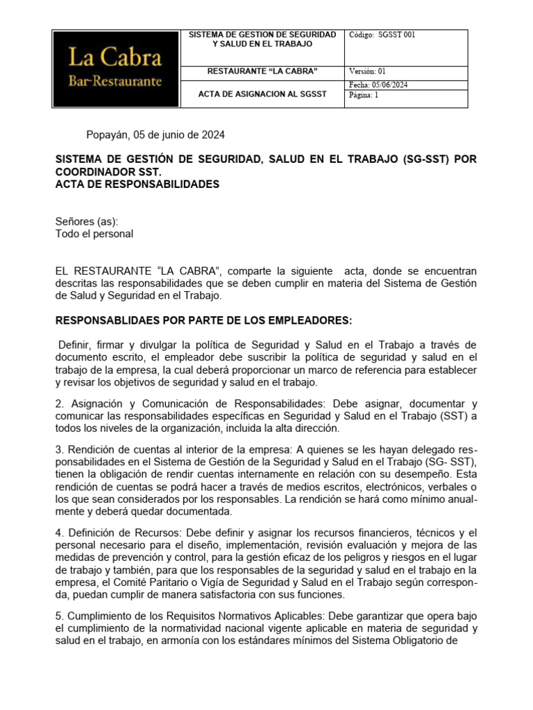 Acta de Asignacion Al SGSST | PDF | Seguridad y salud ocupacional ...