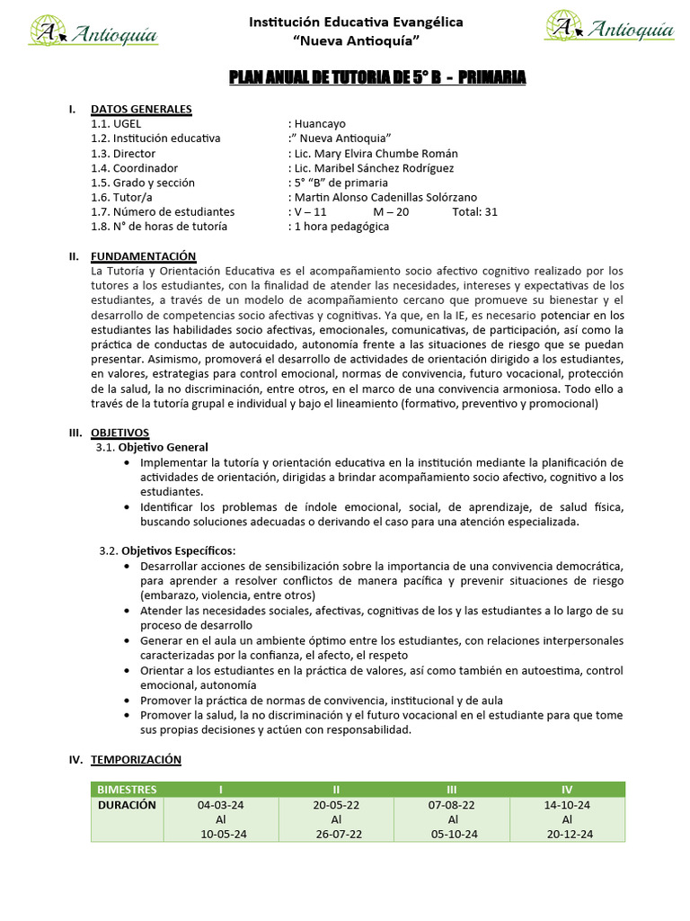 Plan anual de tutoria 5to B primaria | Descargar gratis PDF ...