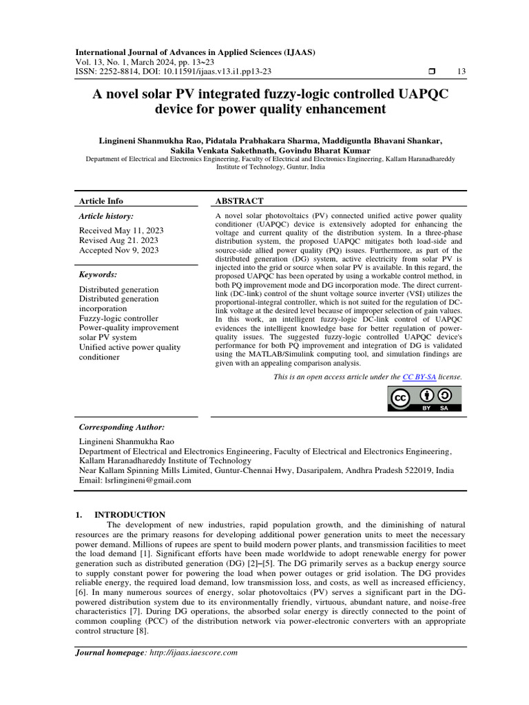 Solar PV Fuzzy Logic UAPQC for Power Quality | PDF | Fuzzy Logic ...