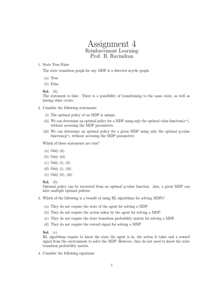 Assignment 4: Reinforcement Learning Prof. B. Ravindran | PDF ...