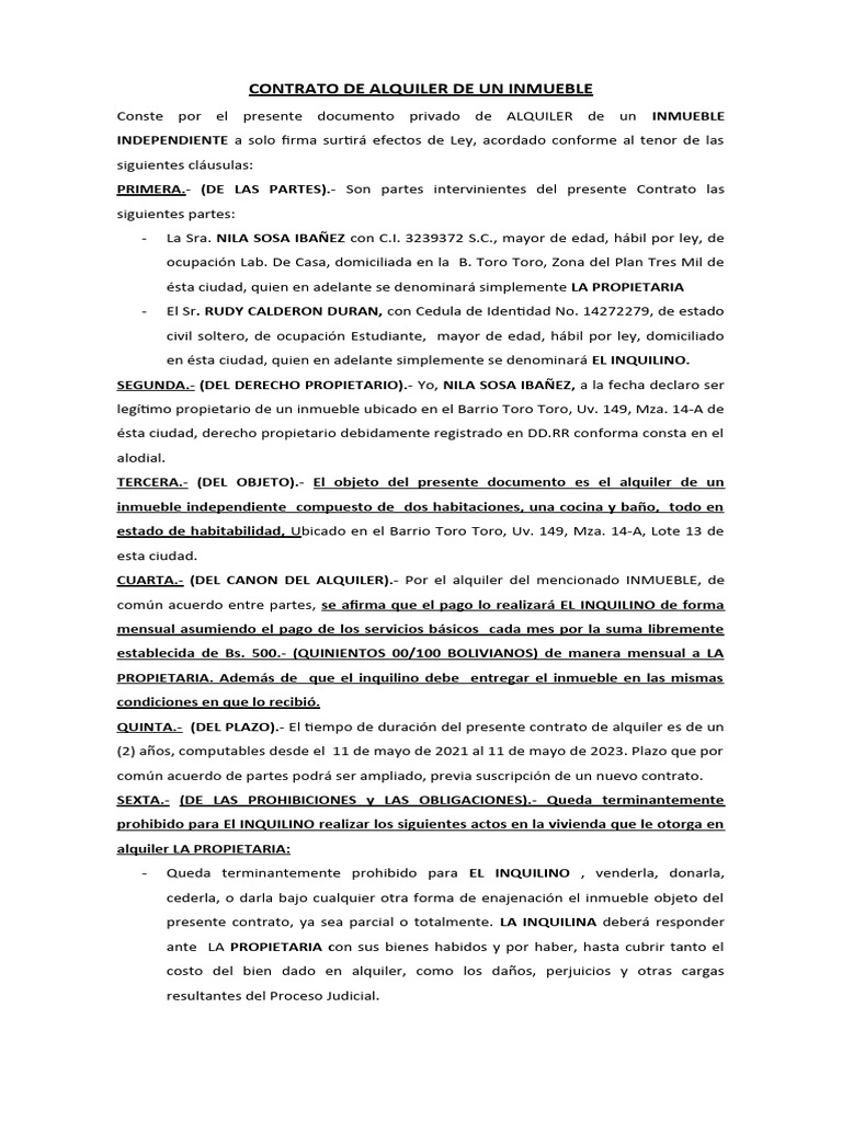 Contrato de Alquiler de Inmueble | PDF | Finanzas y dinero | Derecho