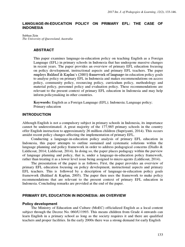 Indonesia's Primary EFL Policy Analysis | PDF | Teachers | English As A ...