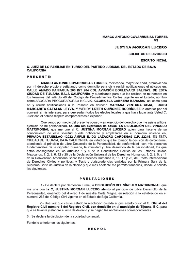 Escrito Inicial de Divorcio | Descargar gratis PDF | Divorcio | Debido