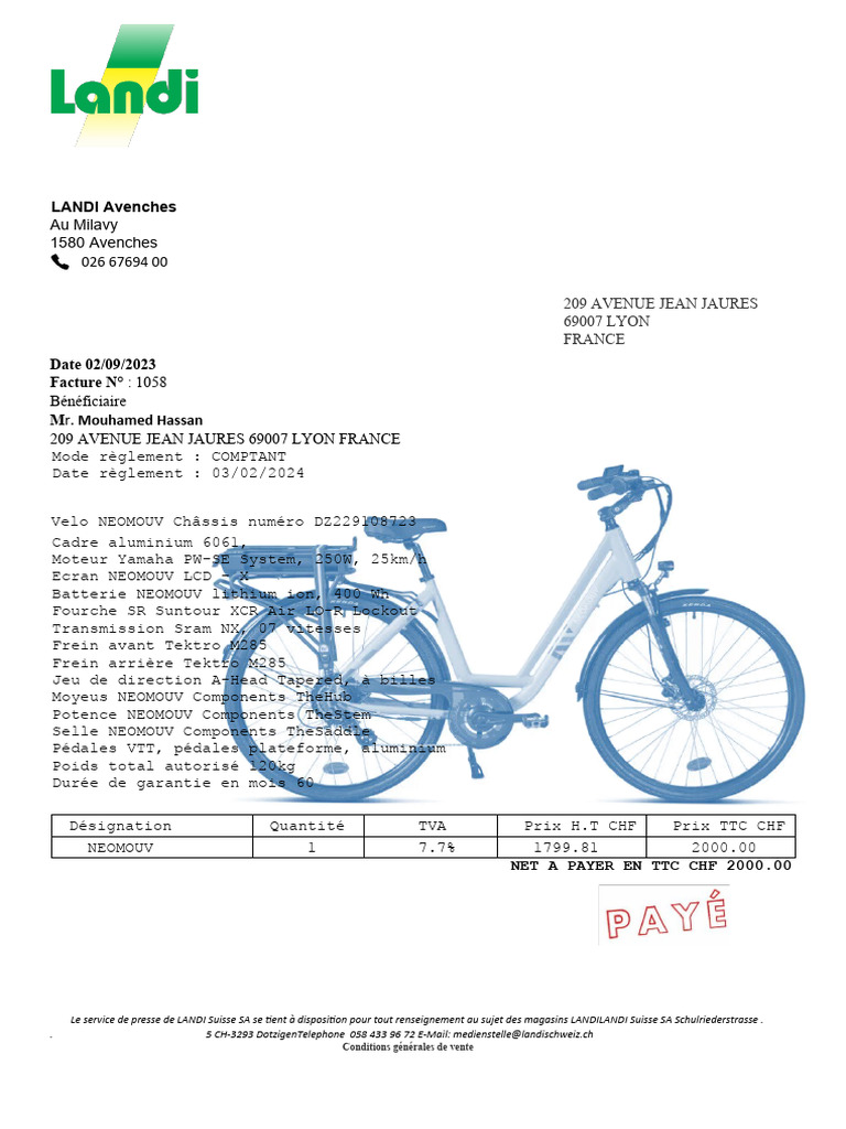 Facture V lo lectrique LANDI Avenches PDF Affaires Technologie 