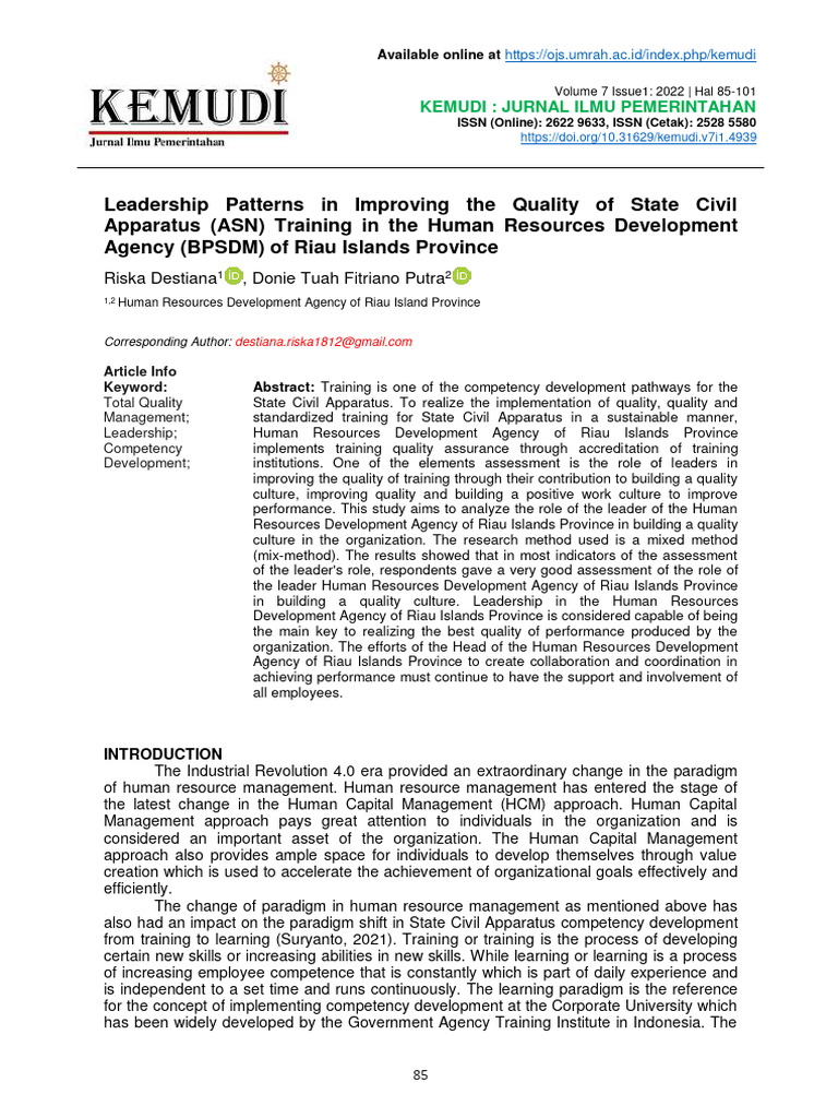 Leadership Patterns in Improving The Quality of State Civil Apparatus ...