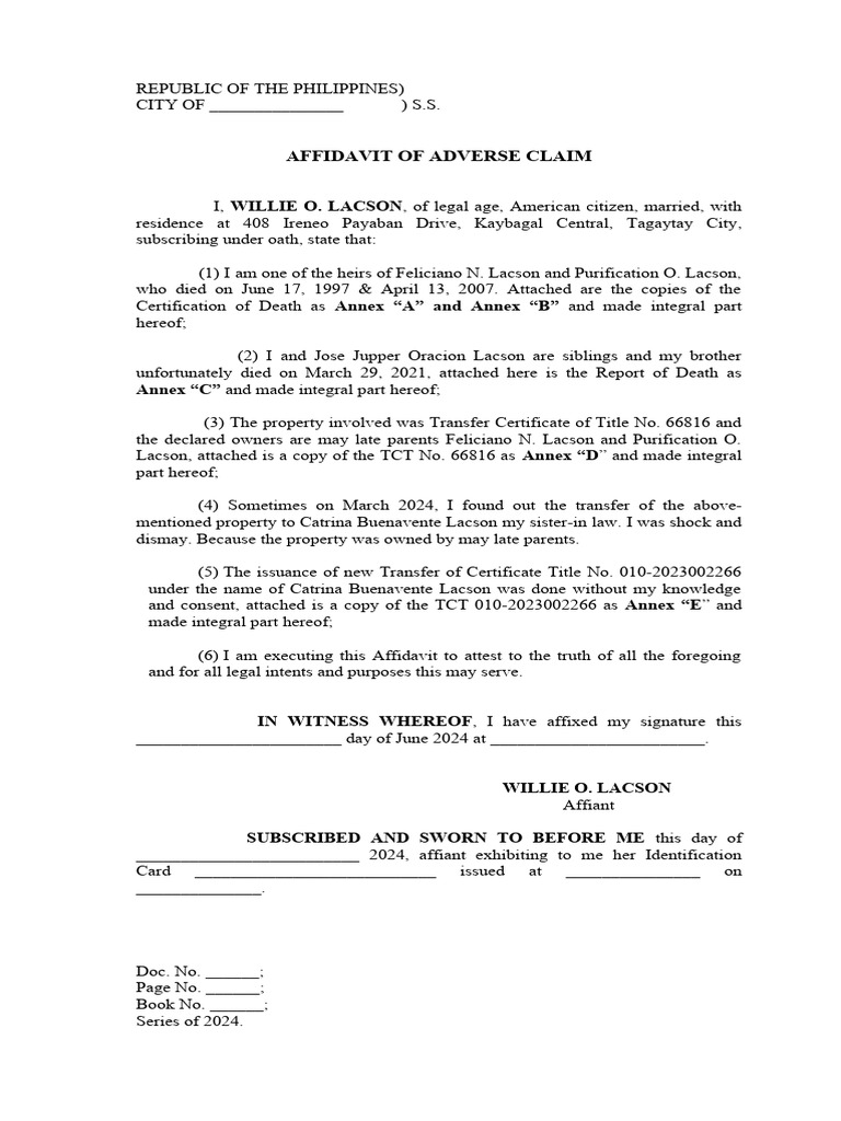 Affidavit of Adverse Claim by Willie Lacson | PDF