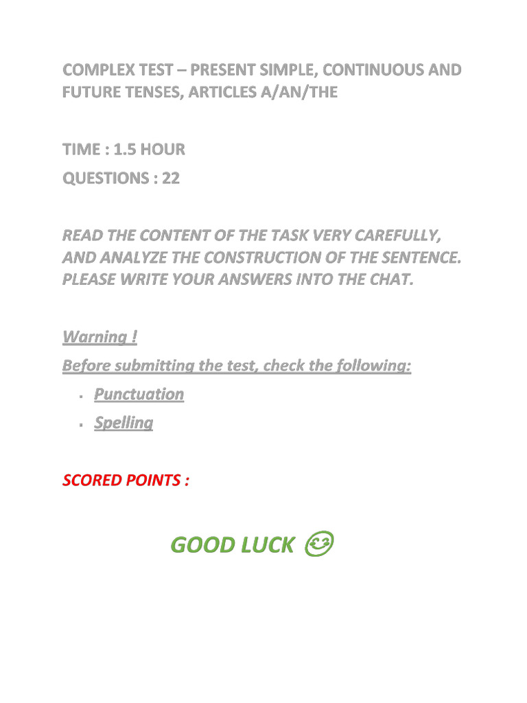 Complex Test Present Simple Continuous A An The | PDF