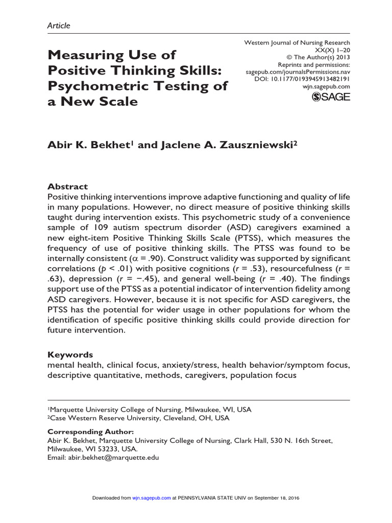 Psychometric Testing of Positive Thinking Scale | PDF | Psychometrics ...