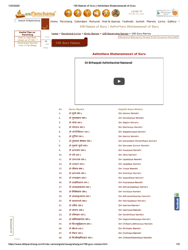 108 Names Of Guru Brihaspati