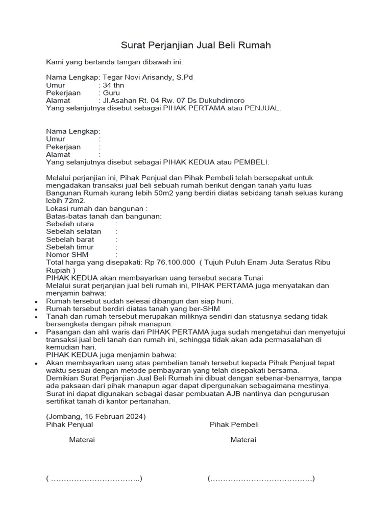 Surat Perjanjian Jual Beli Rumah | PDF