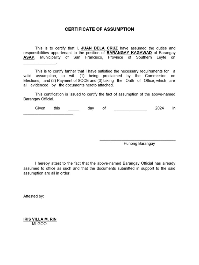 Certificate of Assumption of Office | PDF | Government