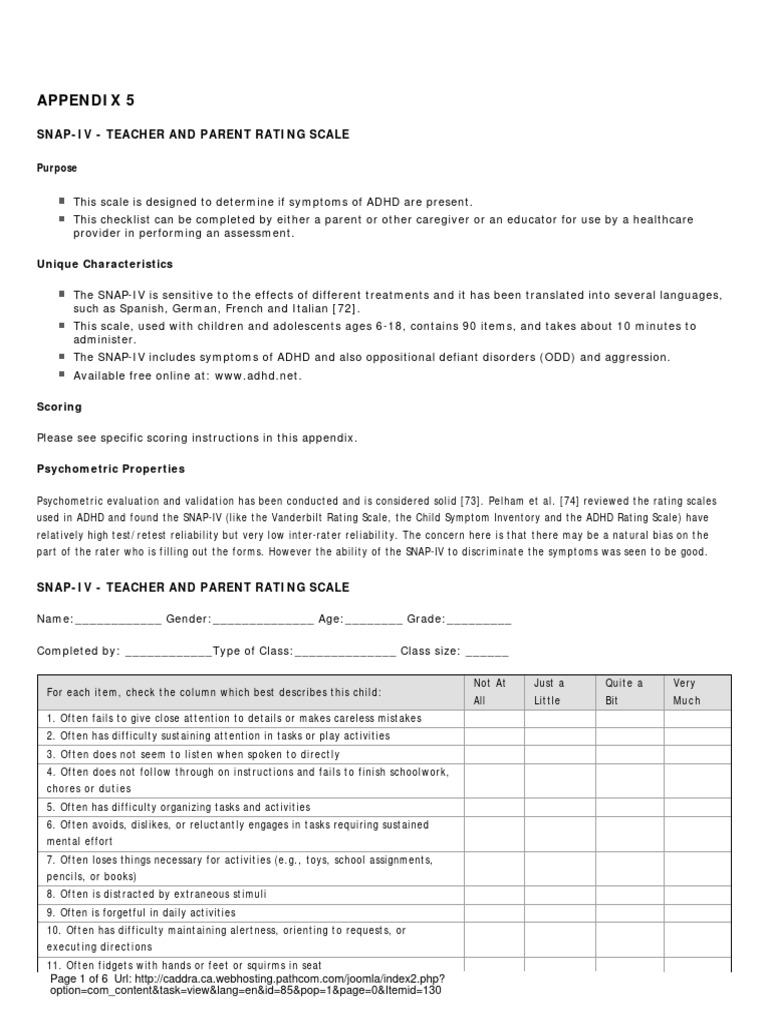 SNAP-IV ADHD Rating Scale Overview | PDF | Mental Disorder | Attention ...