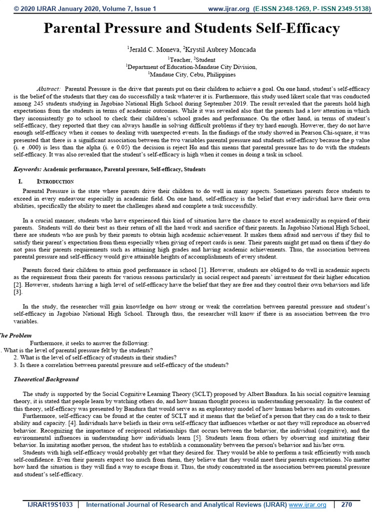 Parental Pressure and Student Self-Efficacy | PDF | Self Efficacy ...