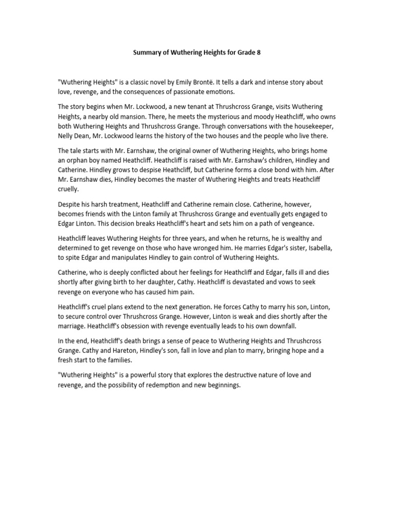 Summary of Wuthering Heights for Grade 8 PDF