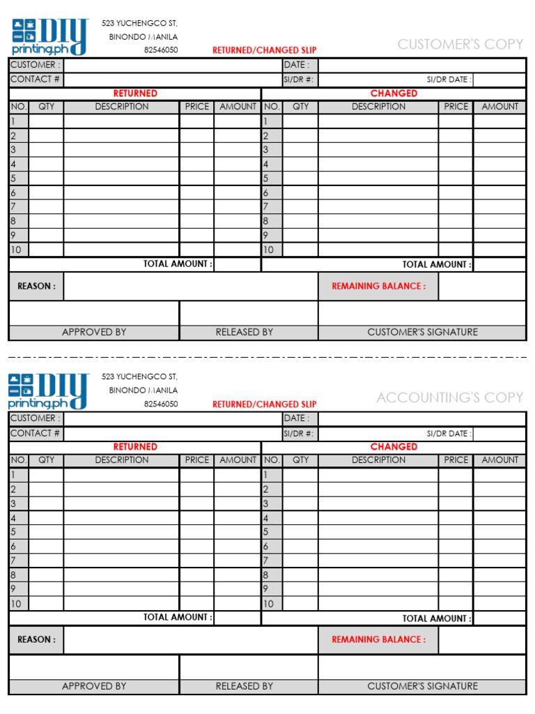 Return/Change Slip Template | PDF | Market (Economics)
