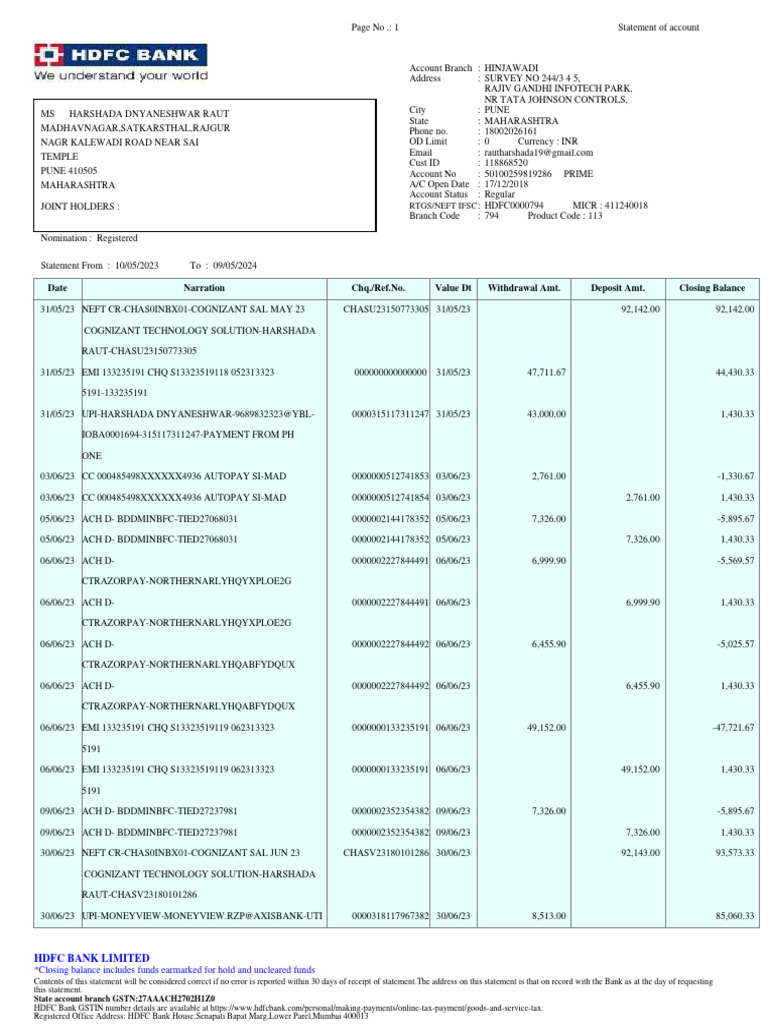 Bank Statement for Harshada Raut | PDF | Money | Banks