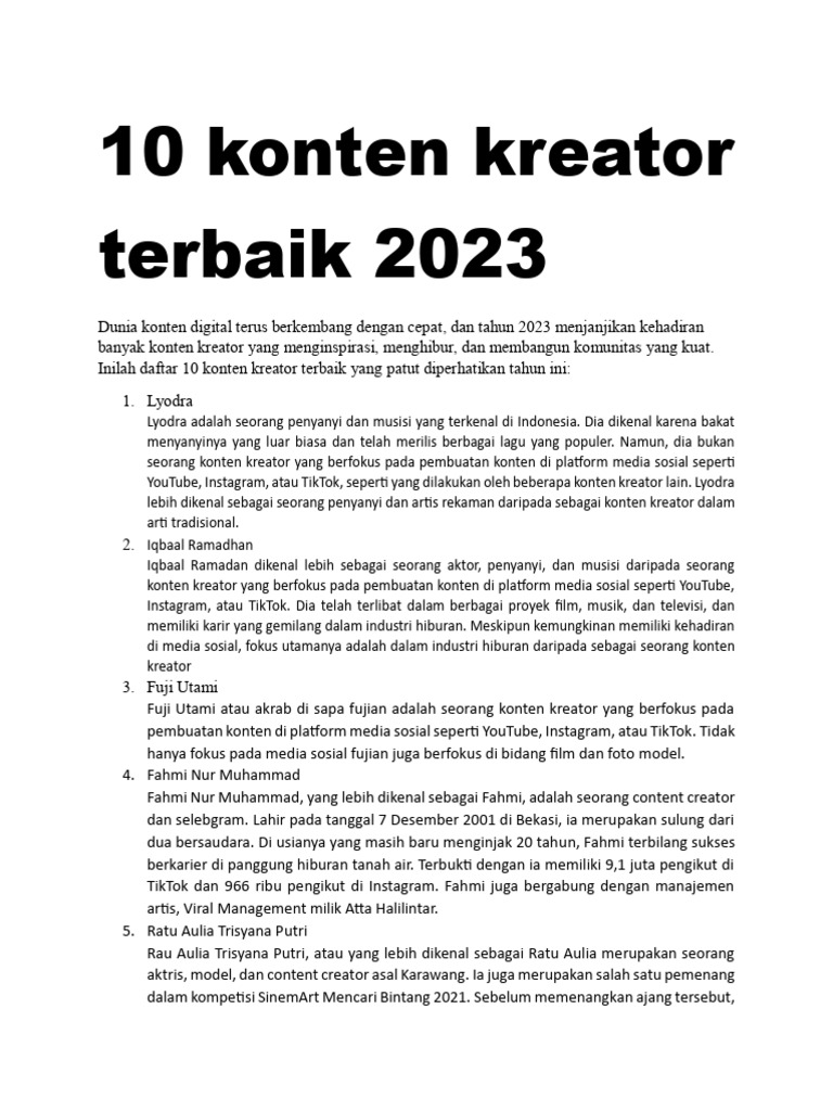 10 Konten Kreator Terbaik 2023 | PDF