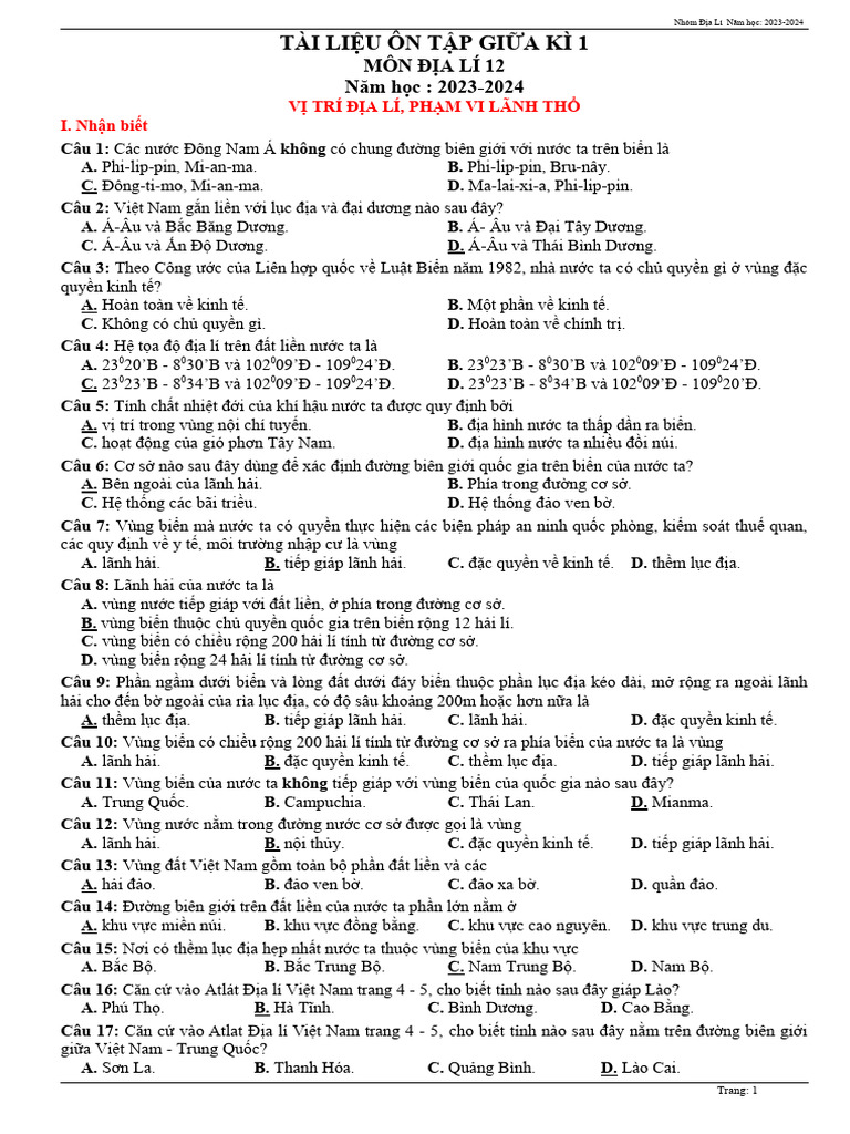 Tai Lieu On Tap Dia 12 Giua Ki 1 23-24 | PDF