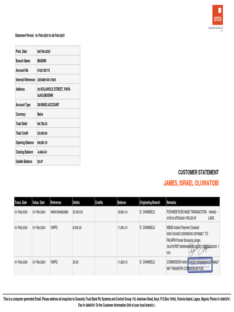 GTBank Savings Account Statement | PDF | Value Added Tax | Wire Transfer