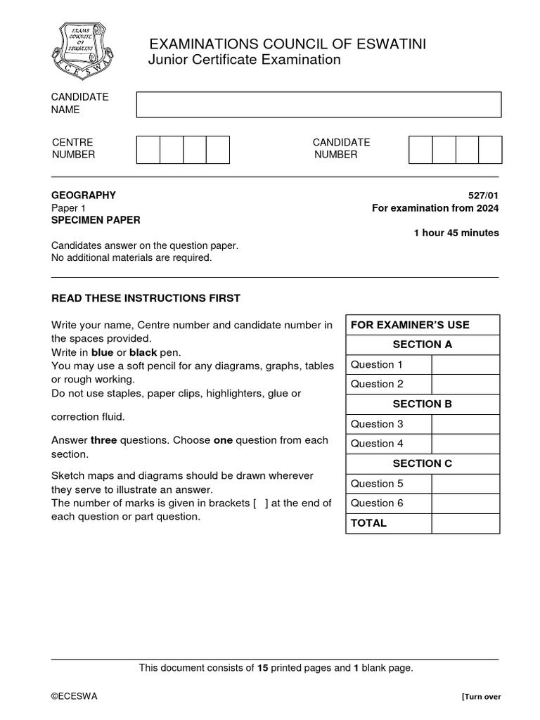 JC Geography Specimen 2024 - 2026 Question Paper 1 | Download Free PDF ...