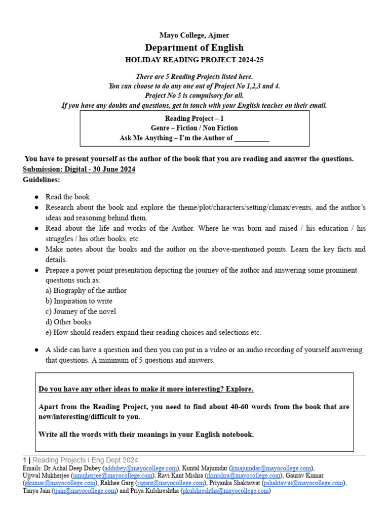 Mayo College Holiday Reading Projects 2024 | PDF | General Fiction