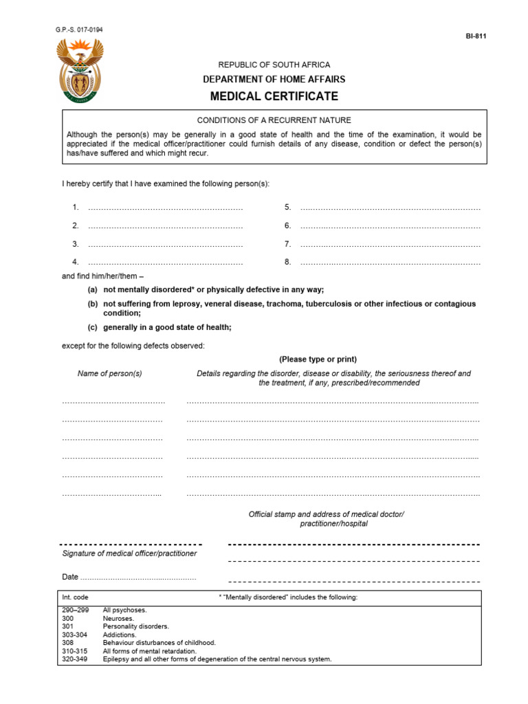 Home Affairs Medical Certificate BI-811 | PDF | Human Diseases And ...