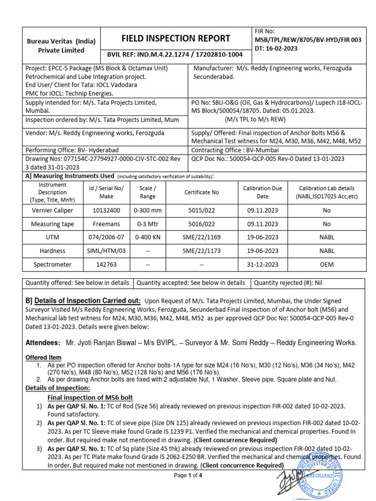 Field Inspection Report for Anchor Bolts | PDF | Screw | Nut (Hardware)