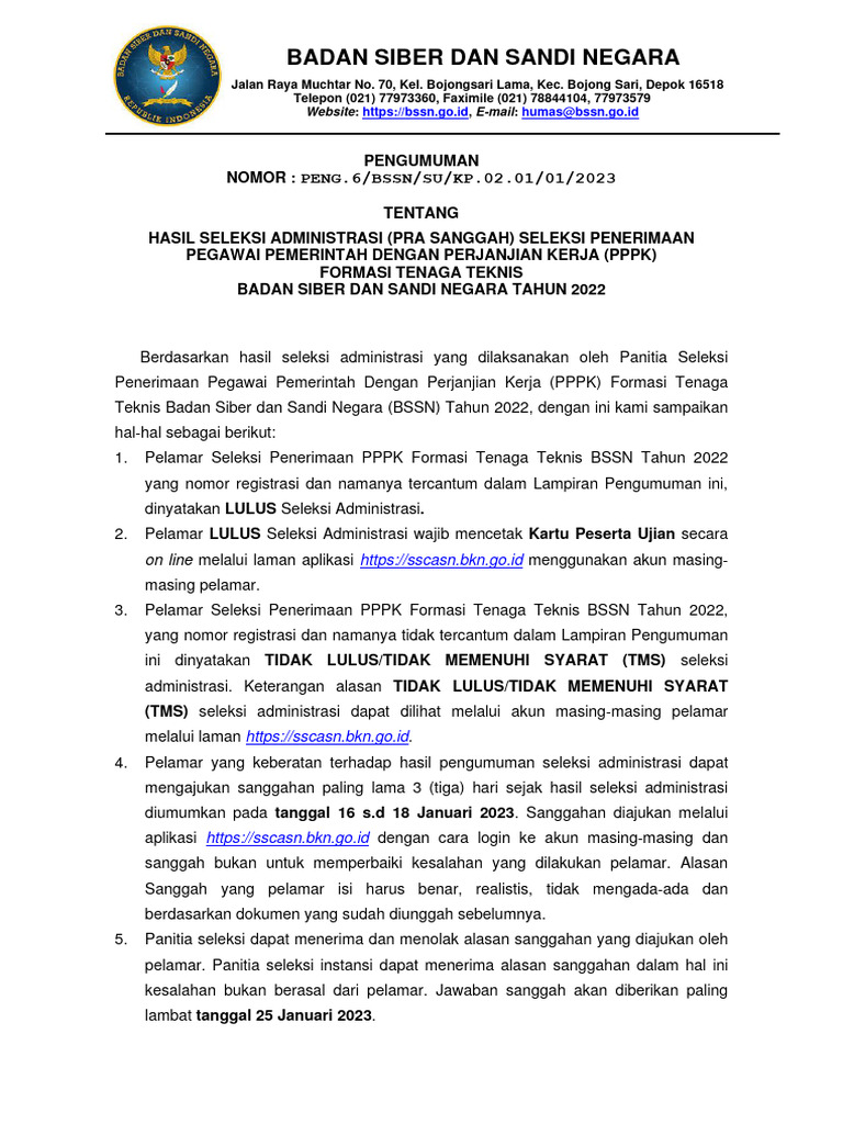 Pengumuman Hasil Seleksi Administrasi Penerimaan P3k Tenaga Teknis Pra