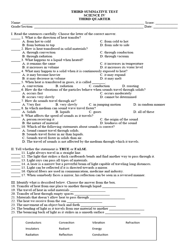 Science IV Third Quarter Test | PDF | Heat Transfer | Light