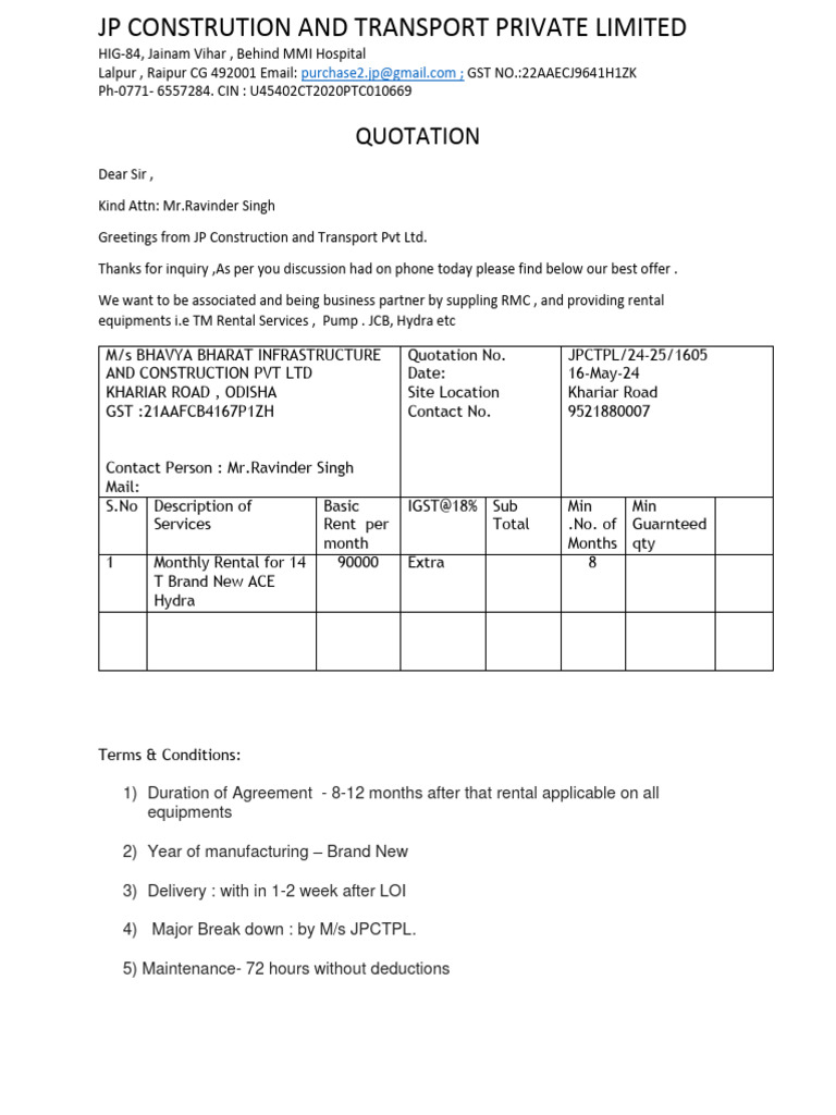 Hydra Rental Quotation for J.P. Construction | PDF