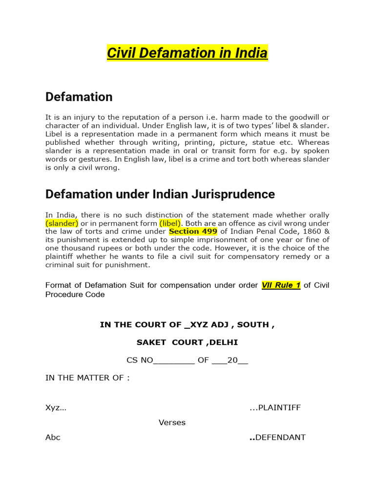 Defamation Suit Format in India | PDF | Defamation | Bail