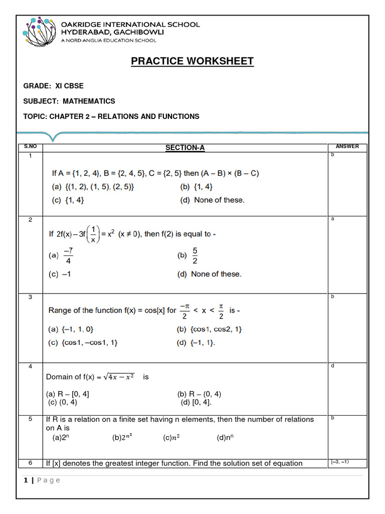 Class 11 Relations and Functions Worksheet | PDF | Function ...