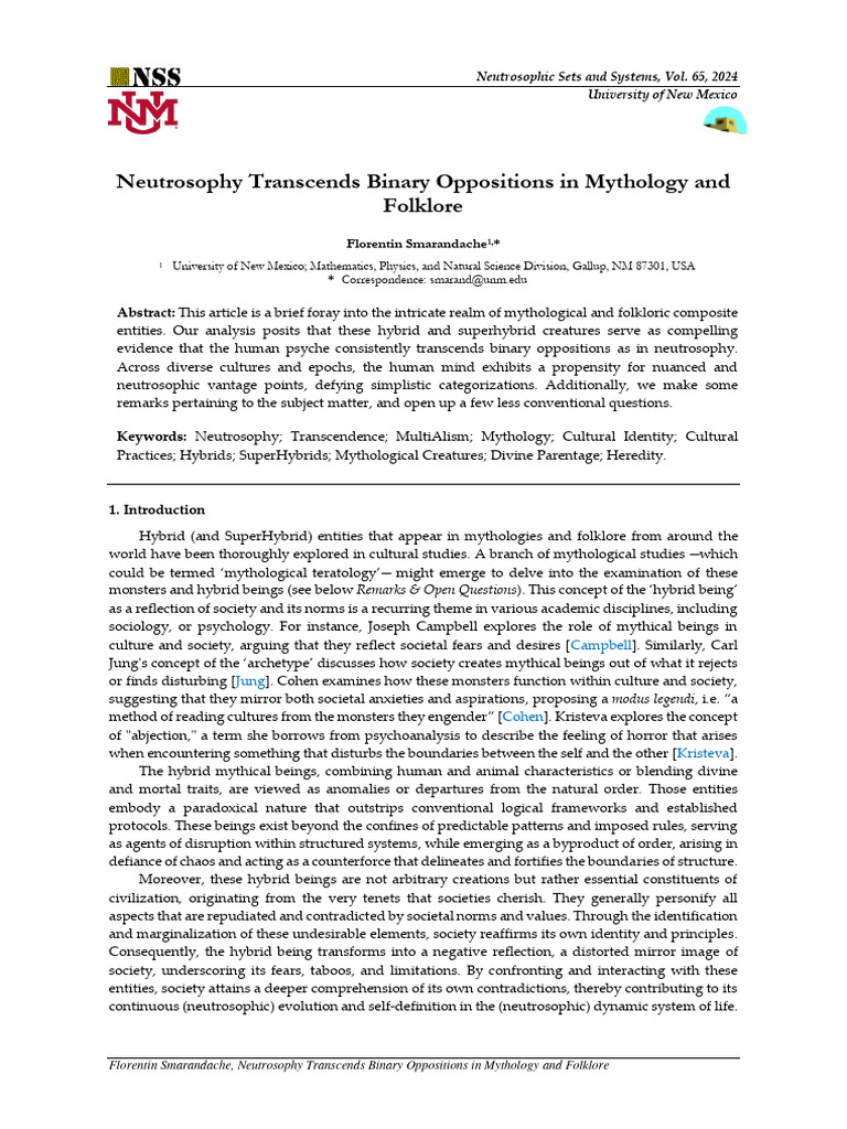 Neutrosophy transcends binary oppositions in mythology and folklore