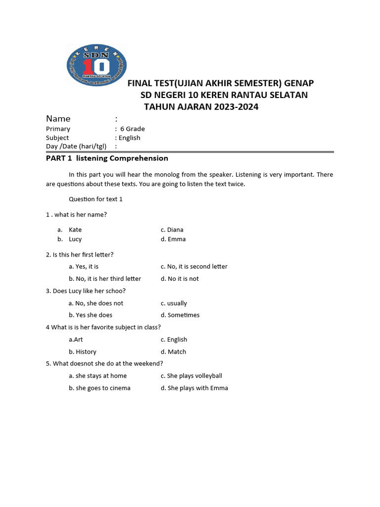 School examination test pdf foods