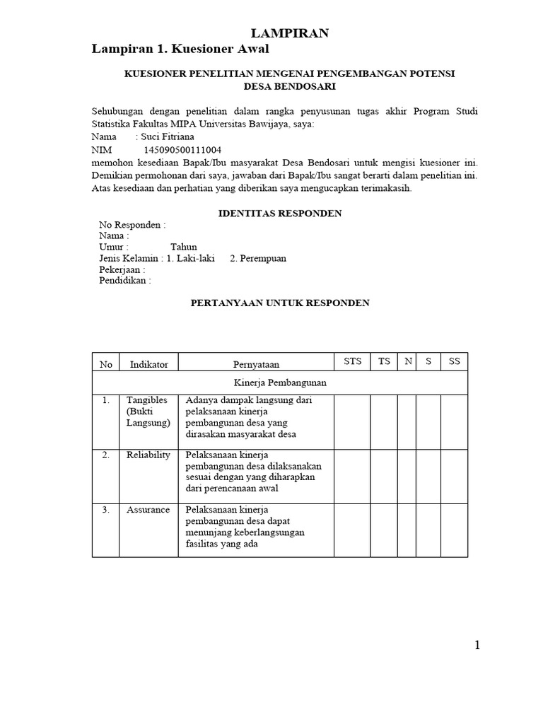 Kuesioner Pengembangan Desa Bendosari | PDF