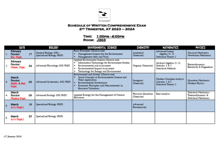 Comprehensive Exam Schedule AY 2023-2024 | PDF | Mechanics | Physics