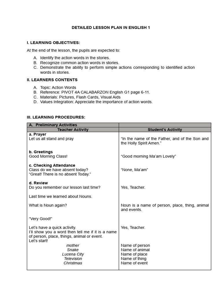 English Lesson Plan Grade 1 | PDF | Lesson Plan | Learning