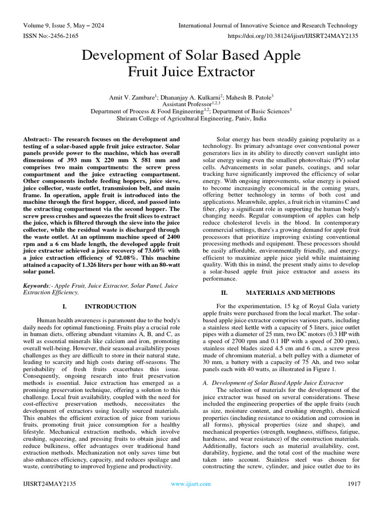 Development of solar based apple fruit juice extractor download free