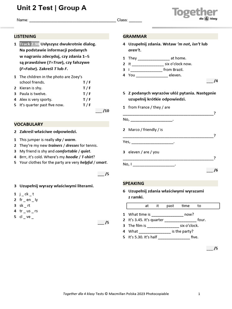 Unit 2 English Test for Grade 4 | PDF | Clothing | Fashion
