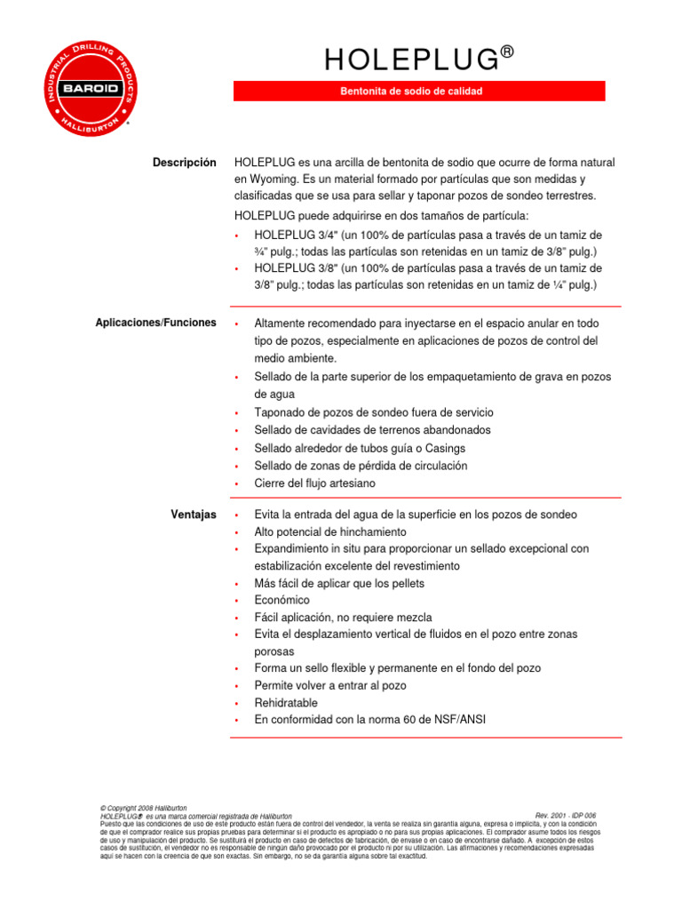 Bentonita HOLEPLUG 3 - 8 | PDF | Agua | Ingeniería Química