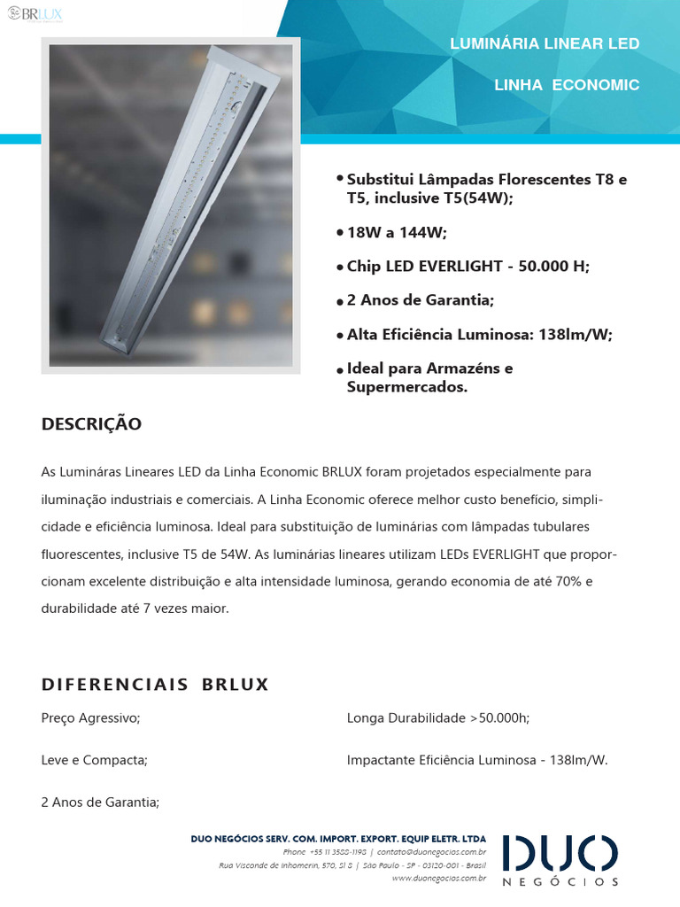 FICHA TÉCNICA BRLUX - LUMINÁRIA LINEAR LED - LINHA ECONOMIC | PDF