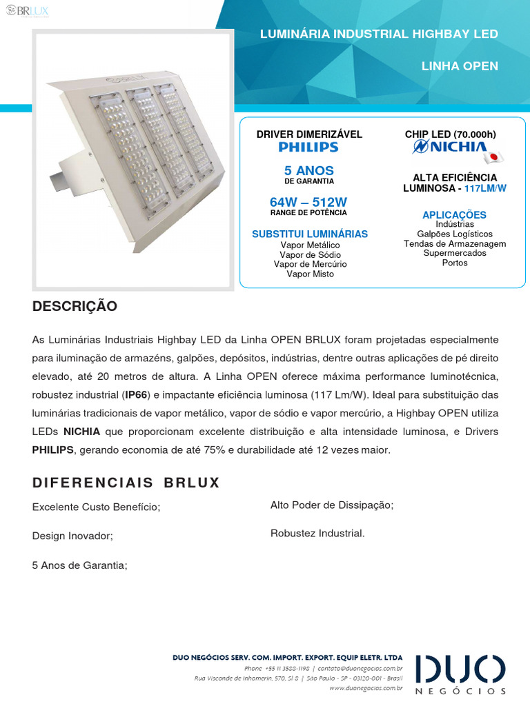 Ficha Técnica Brlux - Luminária Industrial Highbay Led - Linha Open ...