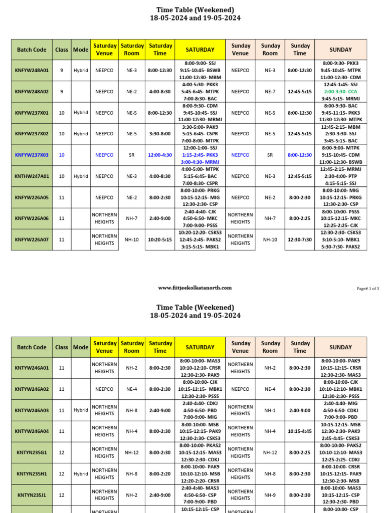 Time-Table - 18 05 24-And-19 05 24 - Weekends | PDF
