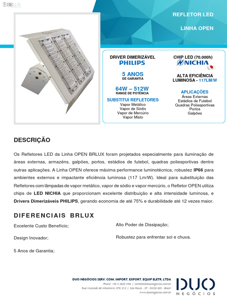 Ficha Técnica Brlux - Refletor Led - Linha Open | PDF | Iluminação | Luz