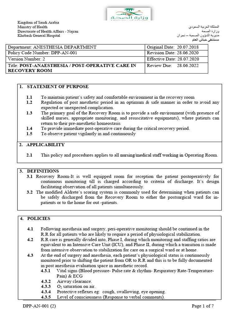 Post-Anesthesia Care Guidelines | PDF | Anesthesia | Surgery