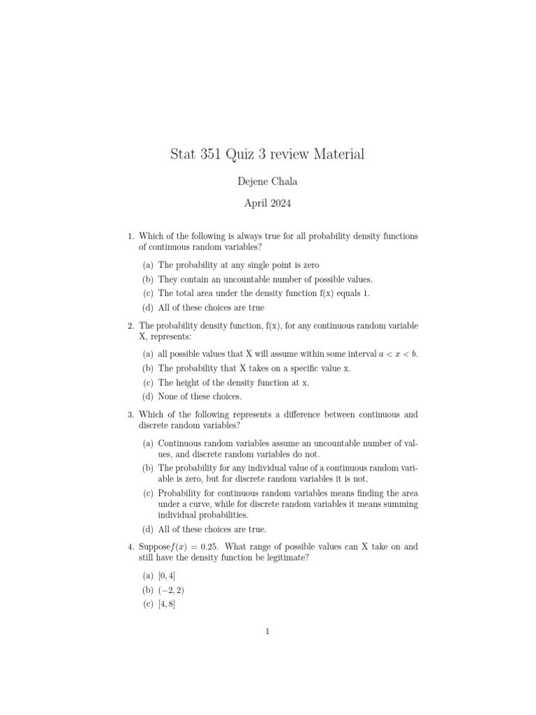 Stat 351 Quiz 3 Review Material | PDF | Probability Distribution ...