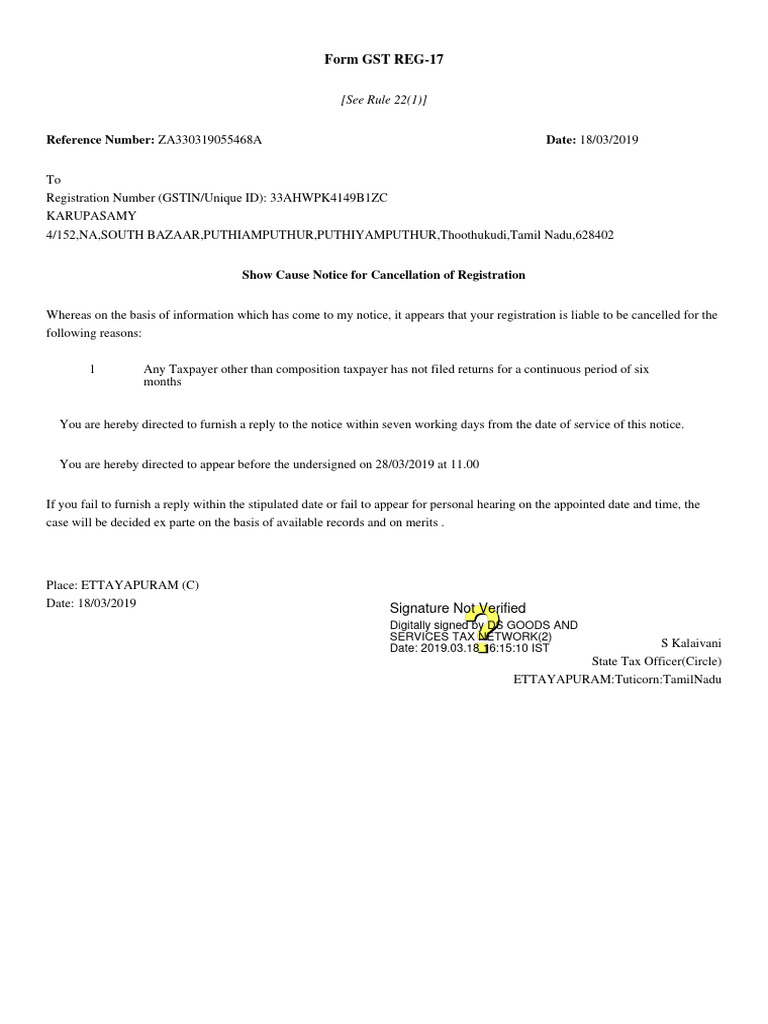 GST REG-17 Show Cause Notice Template | PDF | Finance & Money Management