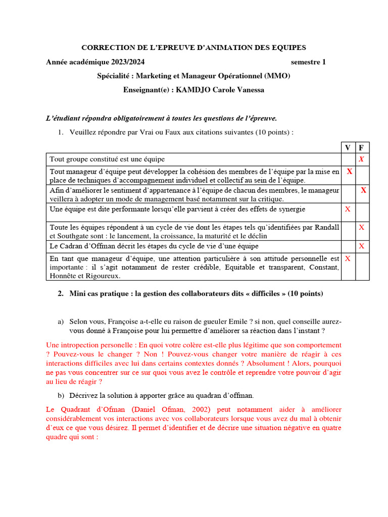 Gestion des Équipes et Cadran d'Offman | PDF