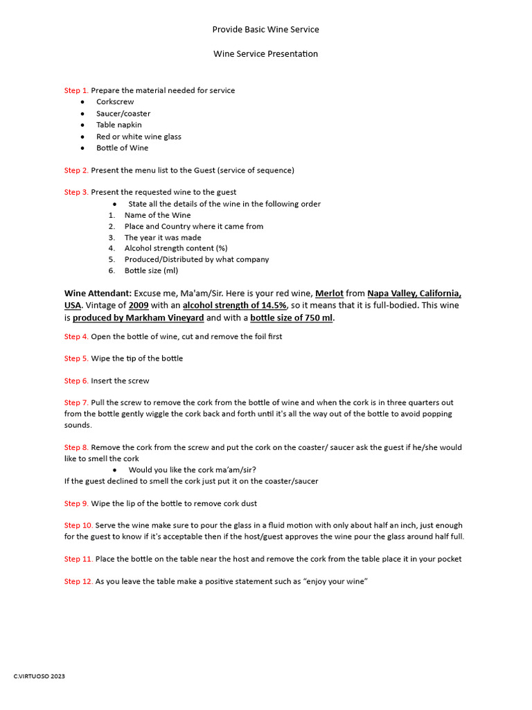 Provide Basic Wine Service Guide | PDF | Wine | Fermented Drinks